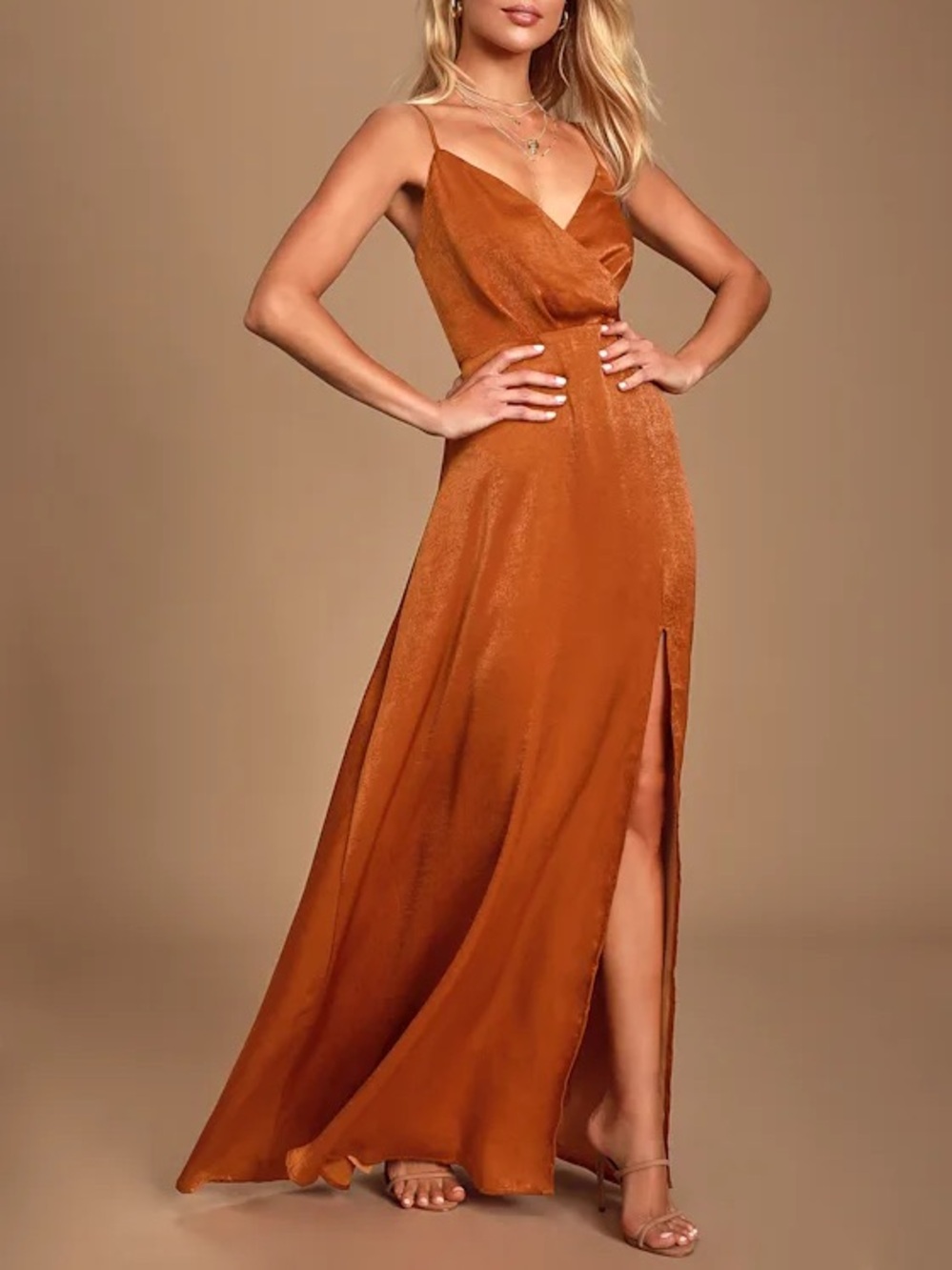 Lulu’s Constantine Rust Orange Satin Maxi Slip Dress with Side Slit